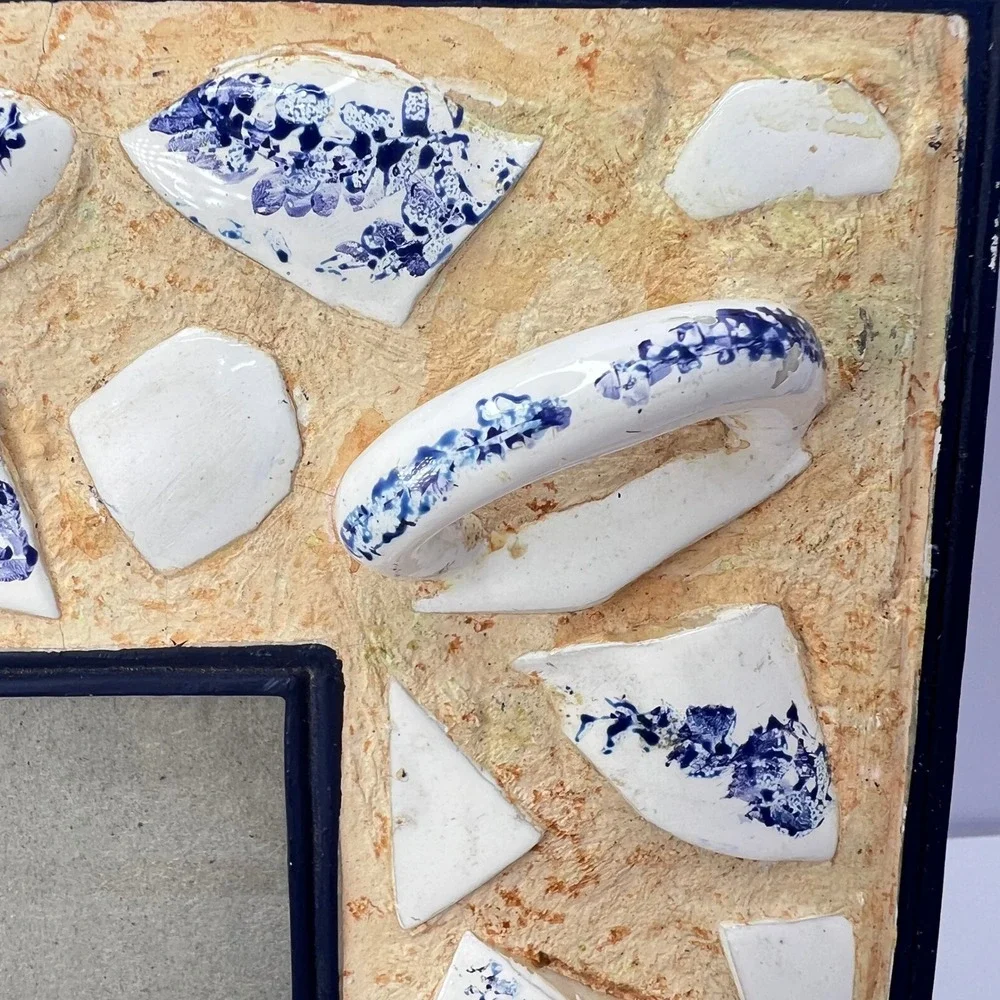 Blue & White Mosaic Broken Teapot Picture Frame 3x5 Shabby Chic Cottage Artisan